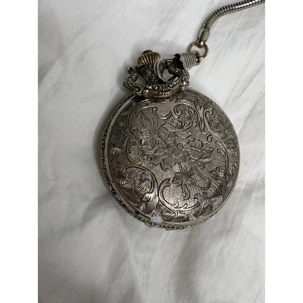 Churchill Silver Tone Pocket Watch with Chain Hunting Scene